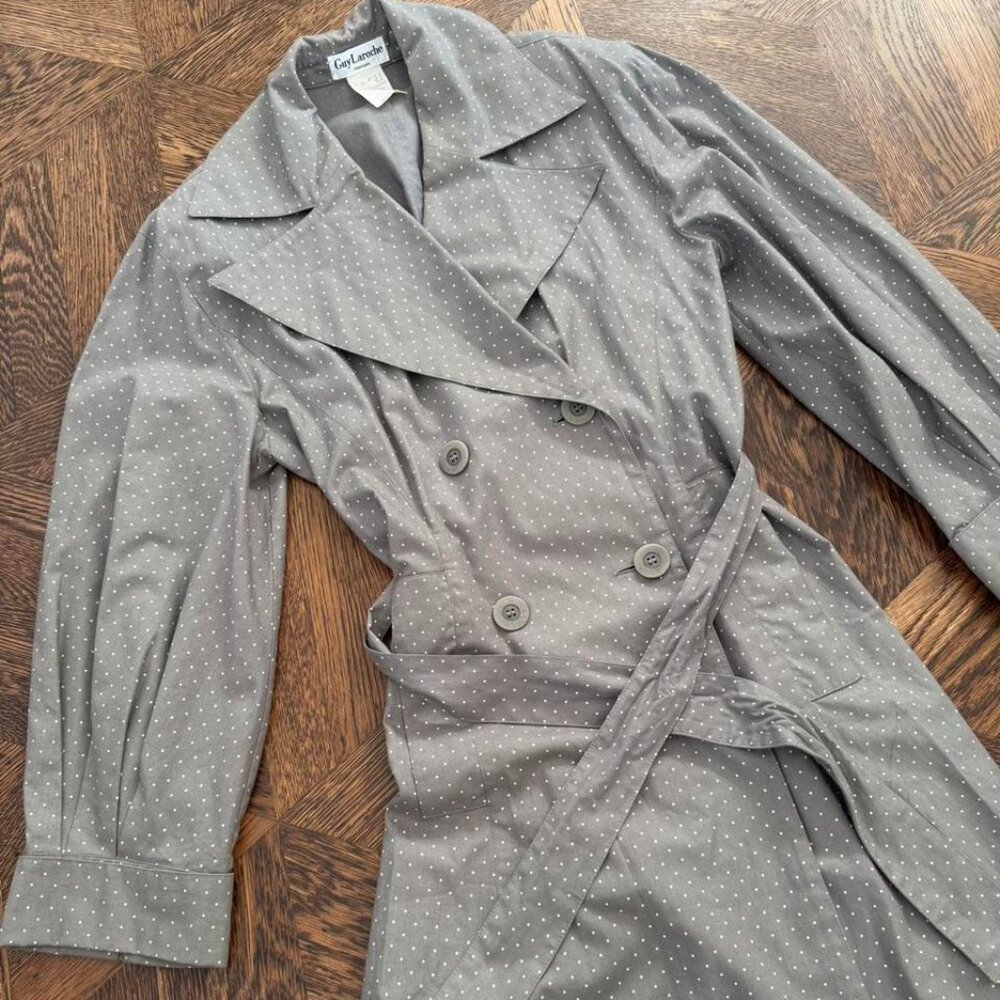 Guy Laroche Vintage 1980’s Grey and white polka dot trench coat size women’s 6/M